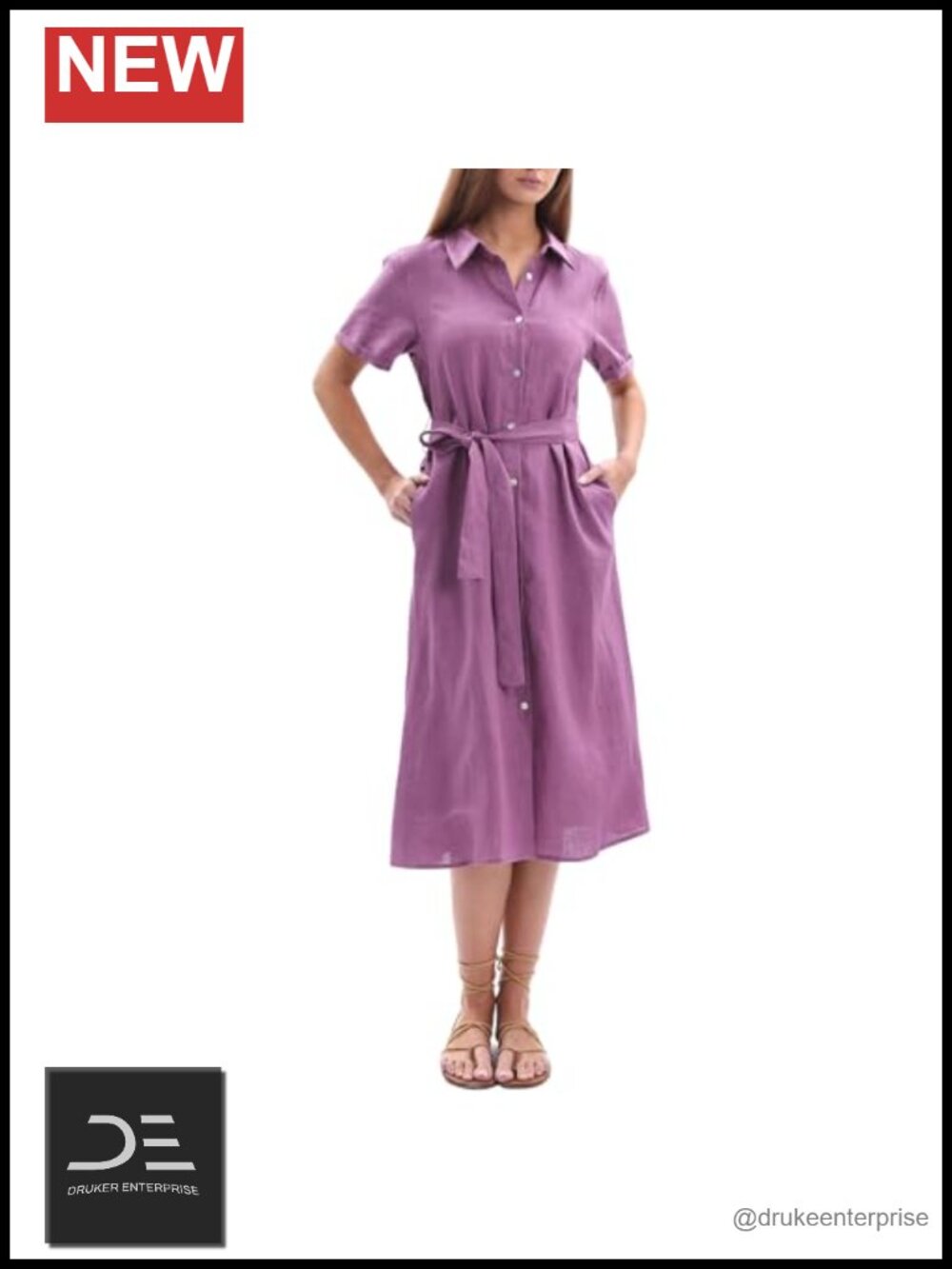 100% Linen Button Down Midi Shirt Dress Short Sleeve Belted Casual